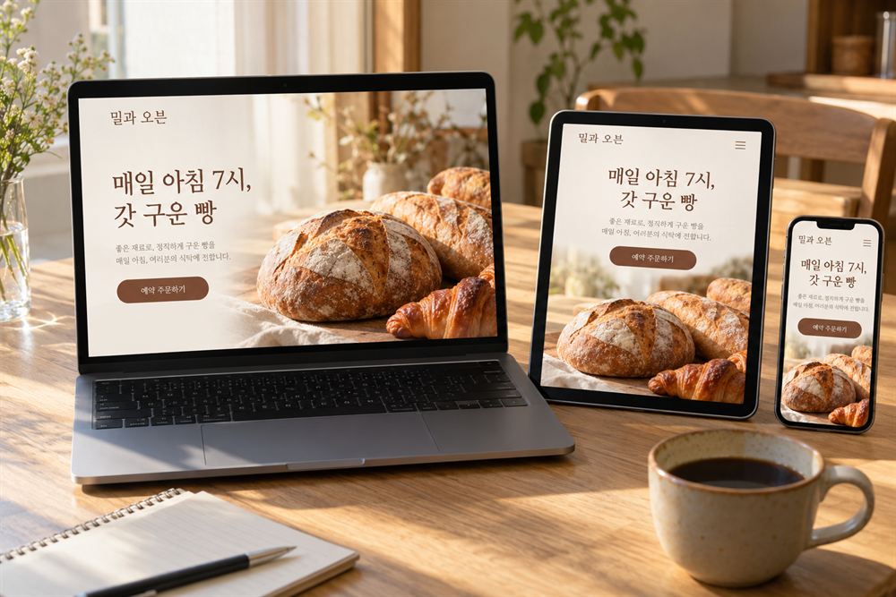 노트북·태블릿·휴대폰에 똑같이 보이는 빵집 홈페이지