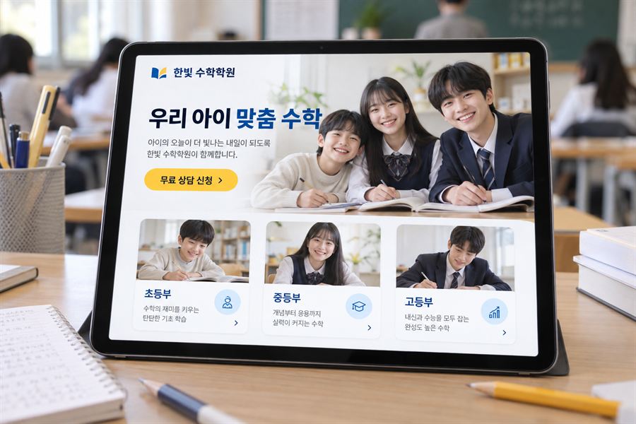 태블릿 속 '한빛 수학학원' 홈페이지